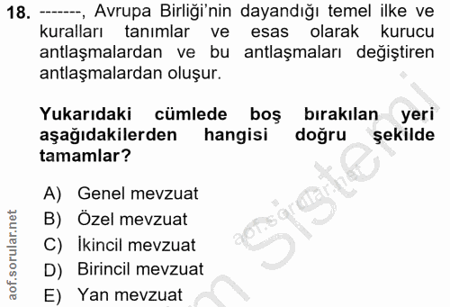 18. soru: —, Avrupa Birliği'nin dayandığı temel ilke ve kuralları tanımlar ve esas olarak kurucu antlaşmalardan ve bu antlaşmal…