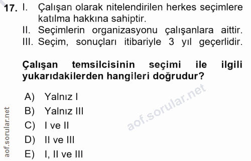 17. soru: I. Çalışan olarak nitelendirilen herkes seçimlere katılma hakkına sahiptir. II. Seçimlerin organizasyonu çalışanlara…