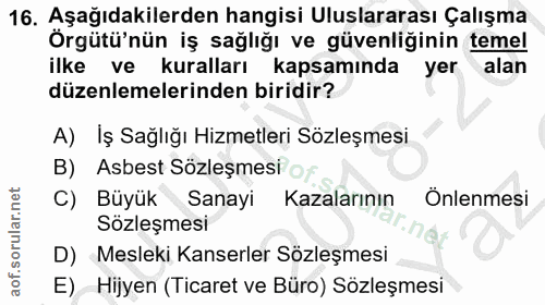 16. soru: Aşağıdakilerden hangisi Uluslararası Çalışma Örgütü'nün iş sağlığı ve güvenliğinin temel ilke ve Kuralları kapsamında…