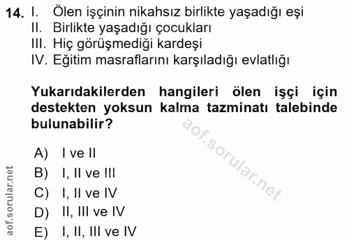 14. soru: 1. Ölen işçinin nikahsız birlikte yaşadığı eşi II. Birlikte yaşadığı çocukları III. Hiç görüşmediği kardeşi IV. Eğiti…