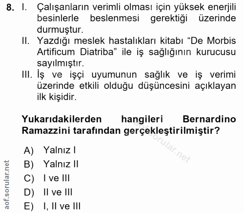 8. soru: I. Çalışanların verimli olması için yüksek enerjili besinlerle beslenmesi gerektiği üzerinde durmuştur. II. Yazdığı m…