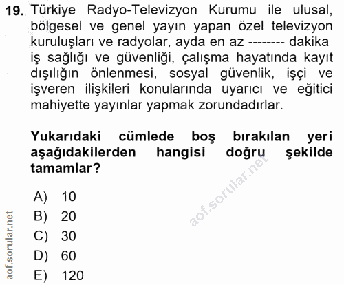 19. soru: Türkiye Radyo-Televizyon Kurumu ile ulusal, bölgesel ve genel yayın yapan özel televizyon kuruluşları ve radyolar, ay…