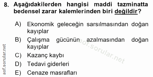 8. soru: Aşağıdakilerden hangisi maddi tazminatta bedensel zarar kalemlerinden biri değildir? A) Ekonomik geleceğin sarsılması…