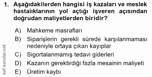 1. soru: Aşağıdakilerden hangisi iş kazaları ve meslek hastalıklarının yol açtığı işveren açısından doğrudan maliyetlerden bir…