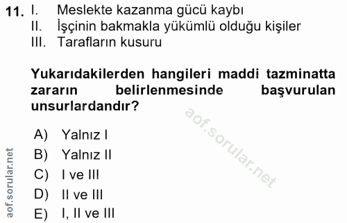 11. soru: I. Meslekte kazanma gücü kaybı II. İşçinin bakmakla yükümlü olduğu kişiler III. Tarafların kusuru Yukarıdakilerden ha…