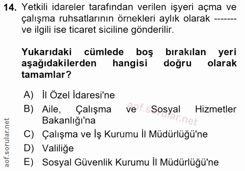 14. soru: Yetkili idareler tarafından verilen işyeri açma ve çalışma ruhsatlarının örnekleri aylık olarak --- ve ilgili ise tic…