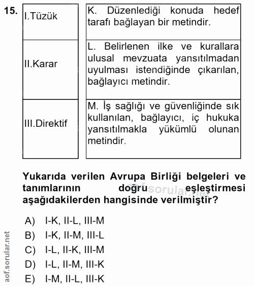 15. soru: I.Tüzük K. Düzenlediği konuda hedef tarafı bağlayan bir metindir. L. Belirlenen ilke ve kurallara Jll.Karar ulusal me…