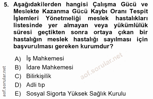 5. soru: Aşağıdakilerden hangisi Çalışma Gücü ve Meslekte Kazanma Gücü Kaybı Oranı Tespit İşlemleri Yönetmeliği meslek hastalı…