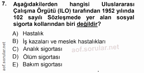 7. soru: Aşağıdakilerden hangisi Uluslararası Çalışma Örgütü (ILO) tarafından 1952 yılında 102 sayılı Sözleşmede yer alan sosy…