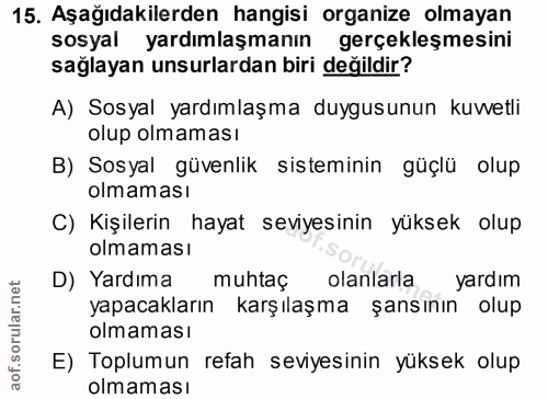15. soru: Aşağıdakilerden hangisi organize olmayan sosyal yardımlaşmanın gerçekleşmesini sağlayan unsurlardan biri değildir? A)…