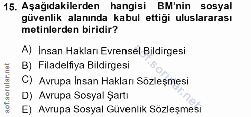 15. soru: Aşağıdakilerden hangisi BM'nin sosyal güvenlik alanında kabul ettiği uluslararası metinlerden biridir? A) İnsan Hakla…