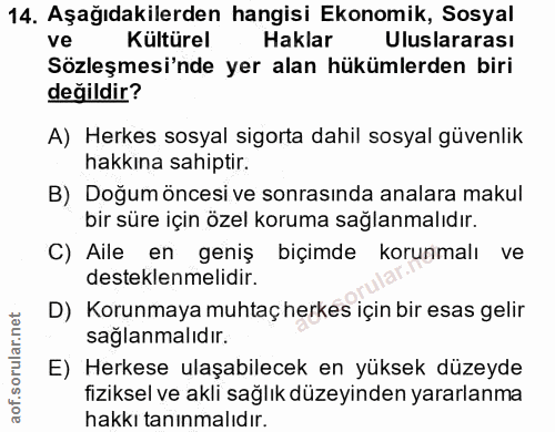 14. soru: Aşağıdakilerden hangisi Ekonomik, Sosyal ve Kültürel Haklar Uluslararası Sözleşmesi'nde yer alan hükümlerden biri değ…