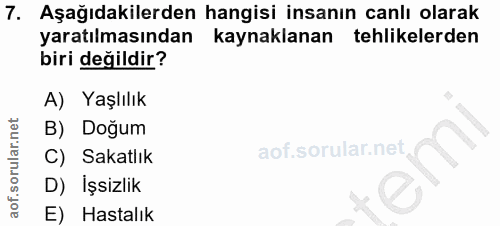 7. soru: Aşağıdakilerden hangisi insanın canlı olarak yaratılmasından kaynaklanan tehlikelerden biri değildir? A) Yaşlılık B)…