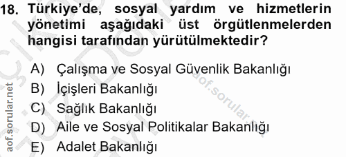 18. soru: Türkiye'de, sosyal yardım ve hizmetlerin yönetimi aşağıdaki üst örgütlenmelerden hangisi tarafından yürütülmektedir?…