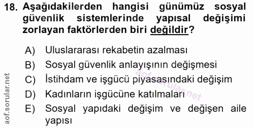 18. soru: Aşağıdakilerden hangisi günümüz sosyal güvenlik sistemlerinde yapısal değişimi zorlayan faktörlerden biri değildir? A…
