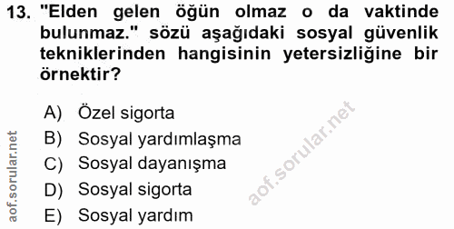 13. soru: "Elden gelen öğün olmaz o da vaktinde bulunmaz." sözü aşağıdaki sosyal güvenlik tekniklerinden hangisinin yetersizliğ…