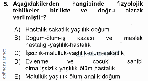 5. soru: Aşağıdakilerden hangisinde fizyolojik tehlikeler birlikte ve doğru olarak verilmiştir? A) Hastalık-sakatlık-yaşlılık-…