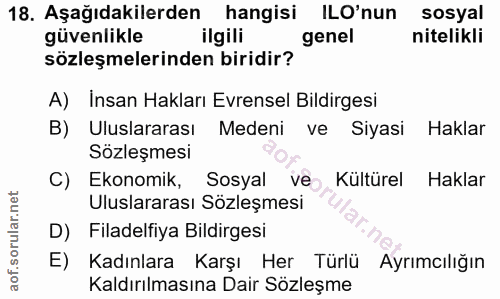 18. soru: Aşağıdakilerden hangisi ILO'nun sosyal güvenlikle ilgili genel nitelikli sözleşmelerinden biridir? A) Insan Hakları E…