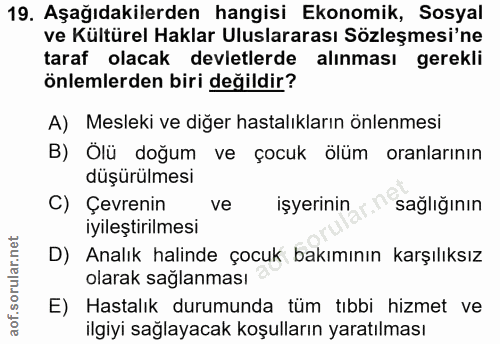 19. soru: Aşağıdakilerden hangisi Ekonomik, Sosyal ve Kültürel Haklar Uluslararası Sözleşmesi'ne taraf olacak devletlerde alınm…