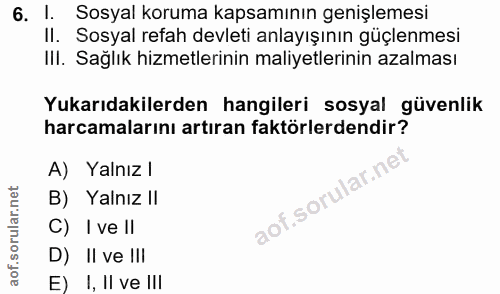 6. soru: I. Sosyal koruma kapsamının genişlemesi Il. Sosyal refah devleti anlayışının güçlenmesi IlI. Sağlık hizmetlerinin mal…