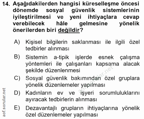 14. soru: Aşağıdakilerden hangisi küreselleşme öncesi dönemde sosyal güvenlik sistemlerinin iyileştirilmesi ve yeni ihtiyaçlara…