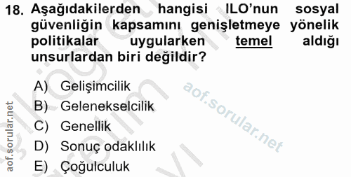 18. soru: Aşağıdakilerden hangisi ILO'nun sosyal güvenliğin kapsamını genişletmeye yönelik politikalar uygularken temel aldığı…