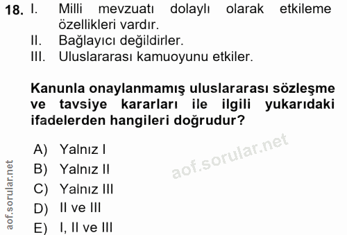 18. soru: 1. Milli mevzuati dolaylı olarak etkileme özellikleri vardır. II. Bağlayıcı değildirler. III. Uluslararası kamuoyunu…
