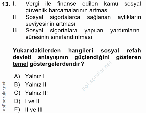 13. soru: I. Vergi ile finanse edilen kamu sosyal güvenlik harcamalarının artması II. Sosyal sigortalarca sağlanan aylıkların s…