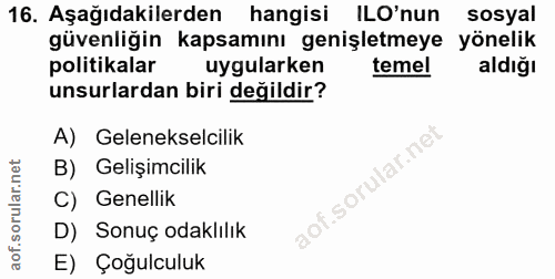 16. soru: Aşağıdakilerden hangisi ILO'nun sosyal güvenliğin kapsamını genişletmeye yönelik politikalar uygularken temel aldığı…