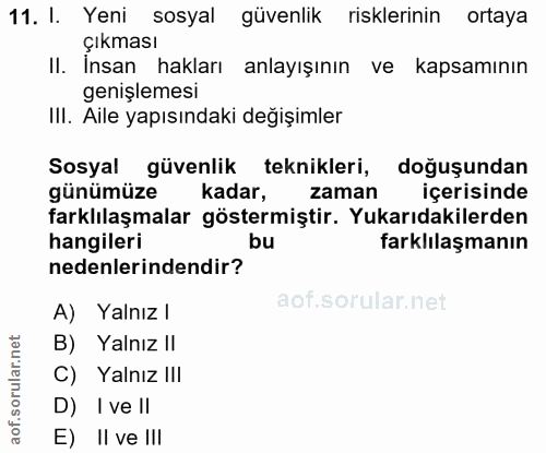 11. soru: I. Yeni sosyal güvenlik risklerinin ortaya çıkması II. İnsan hakları anlayışının ve kapsamının genişlemesi III. Aile…