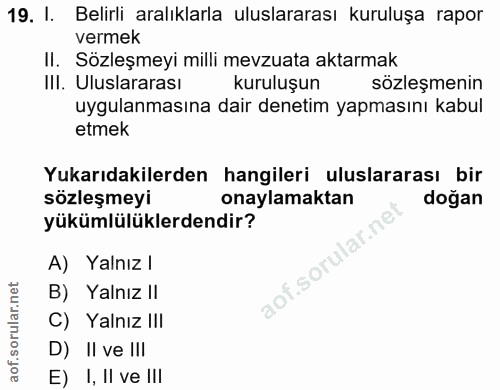 19. soru: I. Belirli aralıklarla uluslararası kuruluşa rapor vermek Il. Sözleşmeyi milli mevzuata aktarmak Ill. Uluslararası ku…