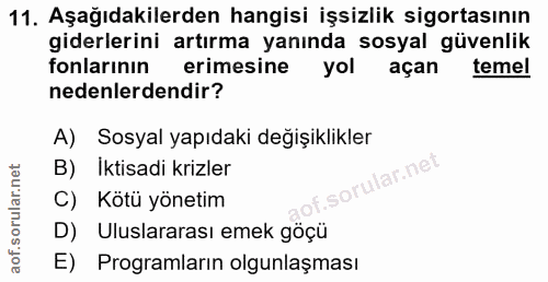 11. soru: Aşağıdakilerden hangisi işsizlik sigortasının giderlerini artırma yanında sosyal güvenlik fonlarının erimesine yol aç…