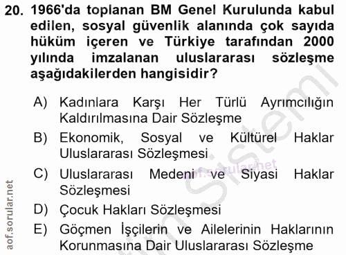 20. soru: 1966'da toplanan BM Genel Kurulunda kabul edilen, sosyal güvenlik alanında çok sayıda hüküm içeren ve Türkiye tarafın…