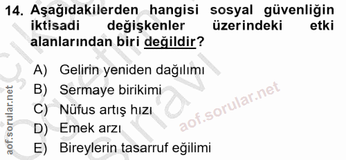 14. soru: Aşağıdakilerden hangisi sosyal güvenliğin iktisadi degişkenler üzerindeki etki alanlarından biri değildir? A) Gelirin…