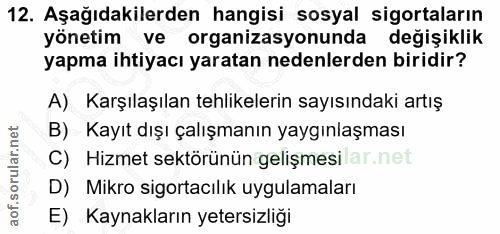 12. soru: Aşağıdakilerden hangisi sosyal sigortaların yönetim ve organizasyonunda değişiklik yapma ihtiyacı yaratan nedenlerden…