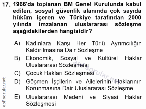 17. soru: 1966'da toplanan BM Genel Kurulunda kabul edilen, sosyal güvenlik alanında çok sayıda hüküm içeren ve Türkiye tarafın…