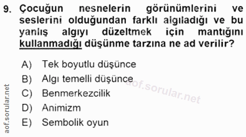 9. soru: Çocugun nesnelerin görünümlerini ve seslerini olduğundan farklı algıladığı ve bu yanlış algıyı düzeltmek için mantığı…