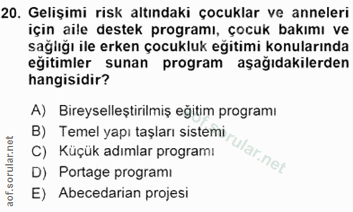 20. soru: Gelişimi risk altındaki çocuklar ve anneleri için aile destek programı, çocuk bakımı ve sağlığı ile erken çocukluk eğ…
