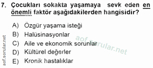 7. soru: Çocukları sokakta yaşamaya sevk eden en önemli faktör aşağıdakilerden hangisidir? A) Özgür yaşama isteği C) Aile ve e…