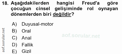 18. soru: Aşağıdakilerden hangisi Freud'a göre çocuğun cinsel gelişiminde rol oynayan dönemlerden biri değildir? A) Duyusal-mot…