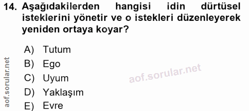 14. soru: Aşağıdakilerden hangisi idin dürtüsel isteklerini yönetir ve o istekleri düzenleyerek yeniden ortaya koyar? A) Tutum…