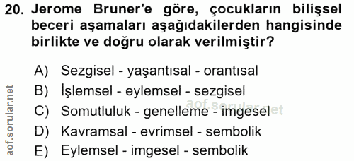 20. soru: Jerome Bruner'e göre, çocukların bilişsel beceri aşamaları aşağıdakilerden hangisinde birlikte ve doğru olarak verilm…