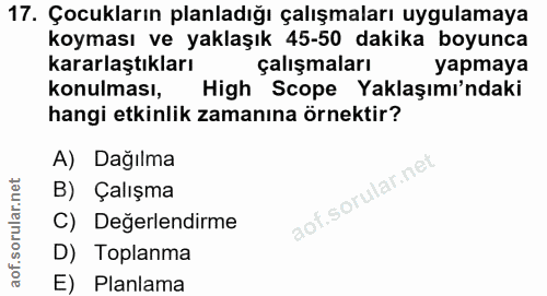 17. soru: Çocukların planladığı çalışmaları uygulamaya koyması ve yaklaşık 45-50 dakika boyunca kararlaştıkları çalışmaları yap…