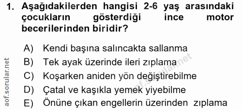 1. soru: Aşağıdakilerden hangisi 2-6 yaş arasındaki çocukların gösterdiği ince motor becerilerinden biridir? A) Kendi başına s…