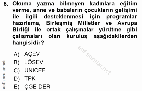 6. soru: Okuma yazma bilmeyen kadınlara eğitim verme, anne ve babaların çocukların gelişimi ile ilgili desteklenmesi için prog…