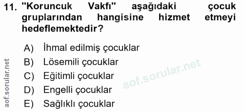 11. soru: "Koruncuk Vakfi" aşağıdaki çocuk gruplarından hangisine hizmet etmeyi hedeflemektedir? A) Ihmal edilmiş çocuklar B) L…