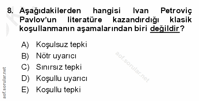8. soru: Aşağıdakilerden hangisi Ivan Petroviç Pavlov un literatüre kazandırdığı klasik koşullanmanın aşamalarından biri değil…