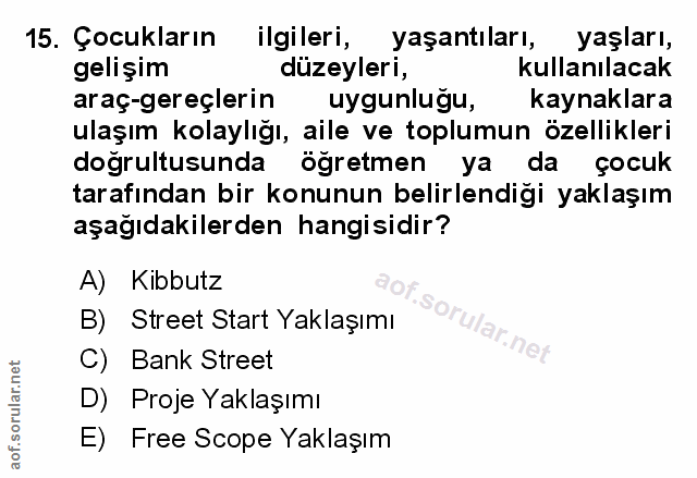 15. soru: Çocukların ilgileri, yaşantıları, yaşları, gelişim düzeyleri, kullanılacak araç-gereçlerin uygunlugu, kaynaklara ulaş…