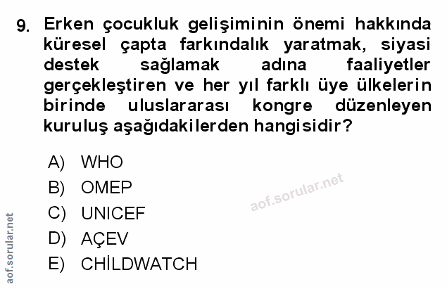9. soru: Erken çocukluk gelişiminin önemi hakkında küresel çapta farkındalık yaratmak, siyasi destek sağlamak adına faaliyetle…