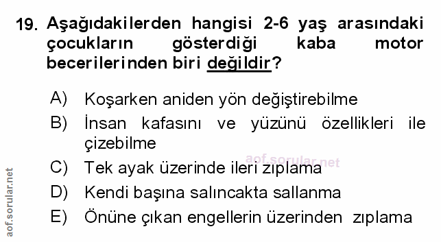19. soru: Aşağıdakilerden hangisi 2-6 yaş arasındaki çocukların gösterdiği kaba motor becerilerinden biri değildir? A) Koşarken…